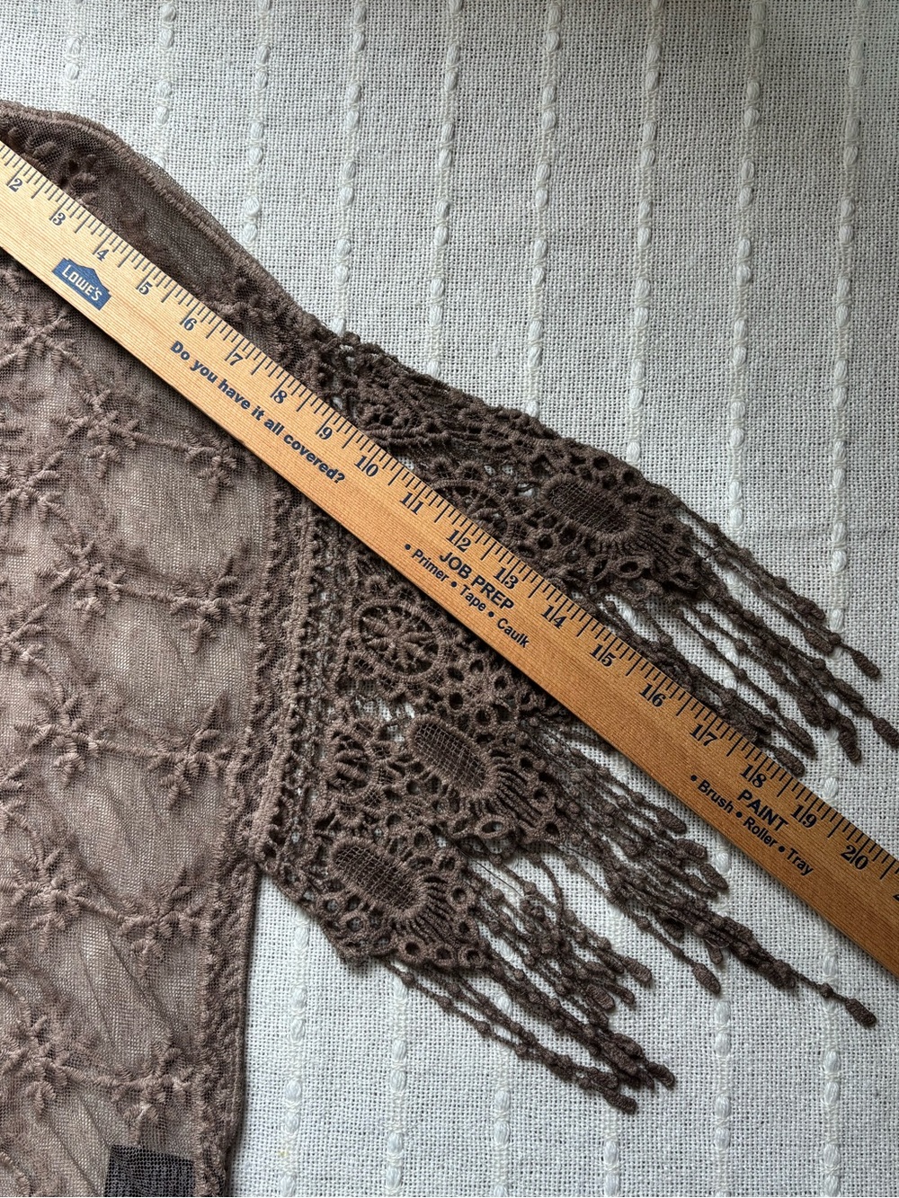 Boho Brown Crochet Lace Fringe Pullover Top Linen Blend Sheer Blouse Approx L/XL - Picture 12 of 13
